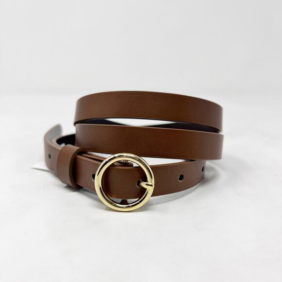 [J. Crew] Brown Genuine Italian Leather Round Gold Buckle Belt NWT Size L/XL - Picture 2 of 6